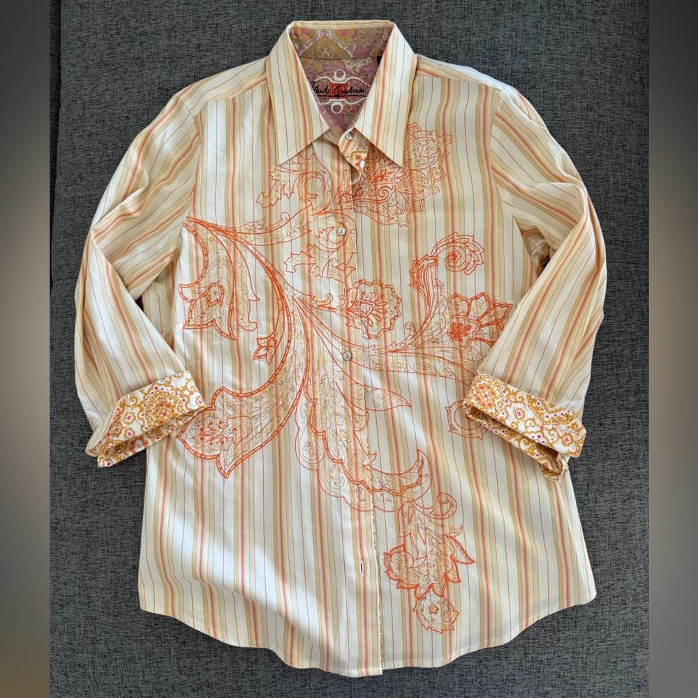 Robert Graham Orange Striped Button Down Shirt paisley embroidered